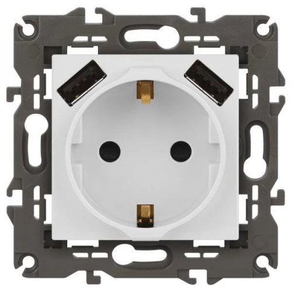 Розетка Elegance 14-4109-01М 16A 250В 2P+E защ. штор. с 2xUSB 3А 5В матов. бел. Эра Б0065773 ТехноИмпульс