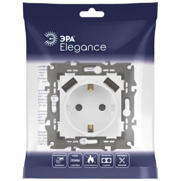 Розетка Elegance 14-4109-01М 16A 250В 2P+E защ. штор. с 2xUSB 3А 5В матов. бел. Эра Б0065773 ТехноИмпульс