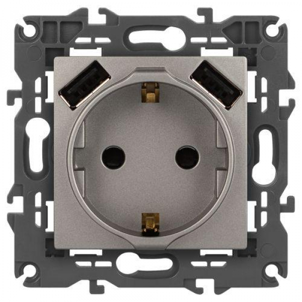 Розетка Elegance 14-4109-16 16A 250В 2P+E защ. штор. с 2xUSB 3А 5В титан Эра Б0065775 ТехноИмпульс