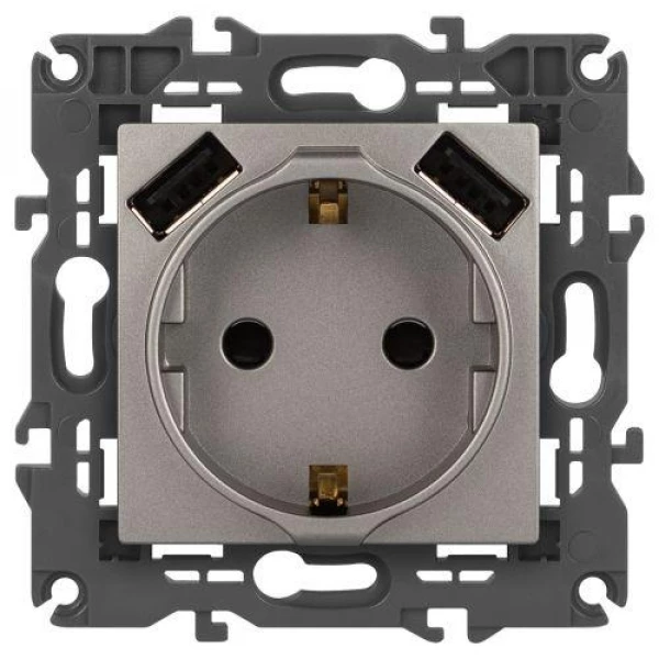 Розетка Elegance 14-4109-16 16A 250В 2P+E защ. штор. с 2xUSB 3А 5В титан Эра Б0065775 ТехноИмпульс