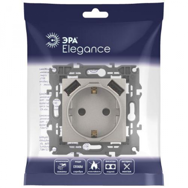 Розетка Elegance 14-4109-16 16A 250В 2P+E защ. штор. с 2xUSB 3А 5В титан Эра Б0065775 ТехноИмпульс