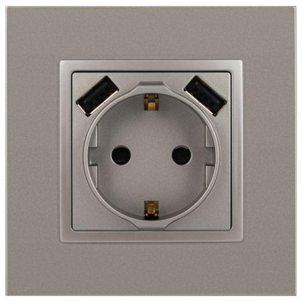 Розетка Elegance 14-4109-16 16A 250В 2P+E защ. штор. с 2xUSB 3А 5В титан Эра Б0065775 ТехноИмпульс