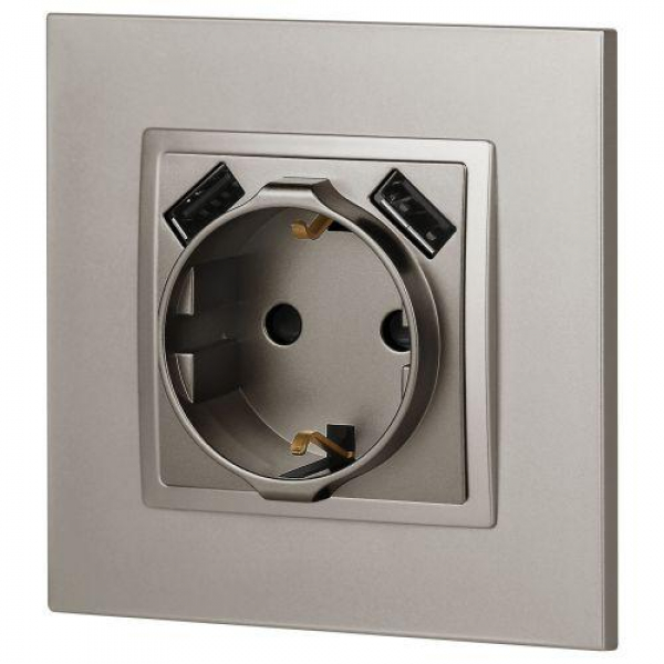 Розетка Elegance 14-4109-16 16A 250В 2P+E защ. штор. с 2xUSB 3А 5В титан Эра Б0065775 ТехноИмпульс