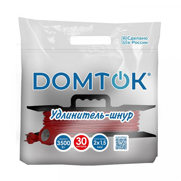 Удлинитель-шнур на рамке 1х30м без заземл. 16А IP20 3.5кВт ПВС 2х1.5 DOMTOK 2404 ТехноИмпульс