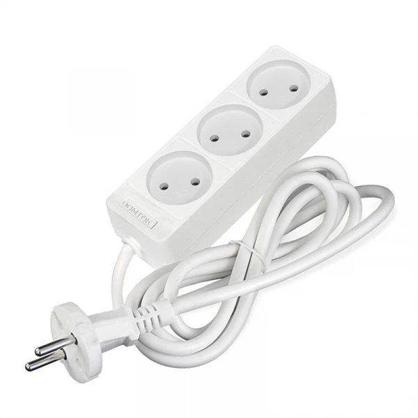 Удлинитель 3х1.5м без заземл. 10А IP20 2.2кВт ПВС 2х0.75 бел. DOMTOK 2370 ТехноИмпульс