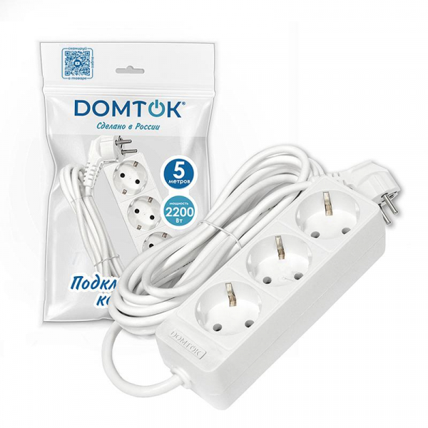 Удлинитель 3х5м с заземл. 10А IP20 2.2кВт ПВС 3х0.75 бел. DOMTOK 2376 ТехноИмпульс