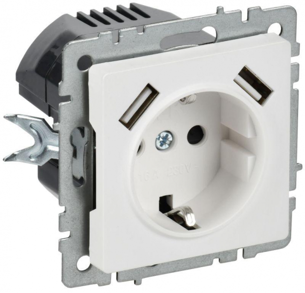 Розетка BRITE РЮш10-1-БрАБ 16А с USB A+A 2.1А с заземл. защ. шторки механизм арктич. бел. IEK BR-R14-16-U21-D21-K91 ТехноИмпульс