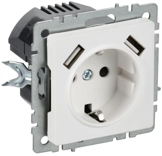 Розетка BRITE РЮш10-1-БрАБ 16А с USB A+A 2.1А с заземл. защ. шторки механизм арктич. бел. IEK BR-R14-16-U21-D21-K91 ТехноИмпульс