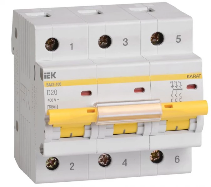 Выключатель автоматический модульный 3п D 20А 10кА ВА47-100 KARAT IEK MVA40-3-020-D ТехноИмпульс