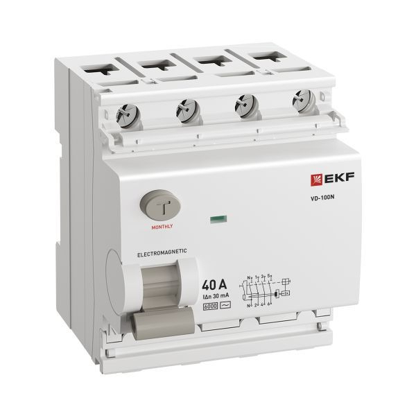 Выключатель дифференциального тока 4п 40А 30мА тип AC 6кА ВД-100N электромех. PROxima EKF E1046M4030 ТехноИмпульс