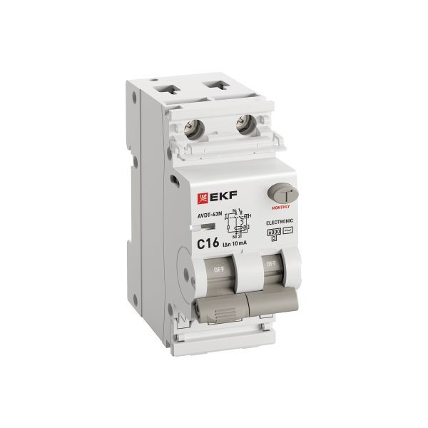 Выключатель автоматический дифференциального тока 2п (1P+N) C 16А 10мА тип AC 6кА АВДТ-63N (электрон.) PROxima EKF D63N26E16C10 ТехноИмпульс
