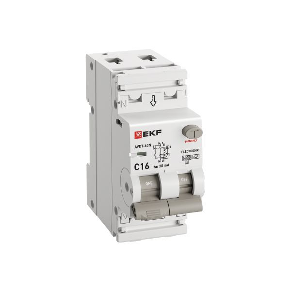 Выключатель автоматический дифференциального тока 2п (1P+N) C 16А 30мА тип A 6кА АВДТ-63N (электрон.) PROxima EKF D63N26EA16C30 ТехноИмпульс