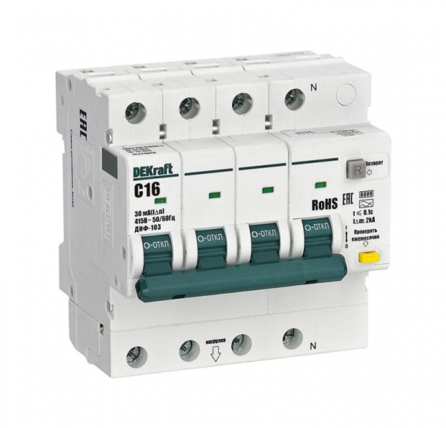 Выключатель автоматический дифференциального тока (АВДТ) 3P+N 16А 30мА A х-ка C ДИФ-103 6кА DEKraft 16428DEK ТехноИмпульс