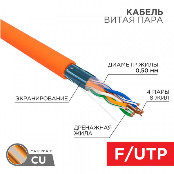 Кабель витая пара F/UTP кат.5e 4х2х24AWG solid ZH нг(А)-HF INDOOR оранж. (м) Rexant 01-0150 ТехноИмпульс