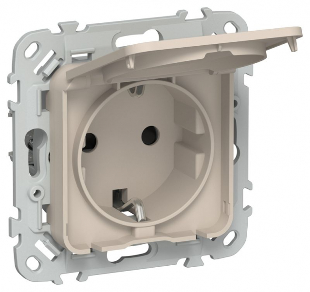 Розетка СП FLITE РСшкр11-1-44-ФлЛ 16А IP44 с заземл. с защ. шторками и крышкой безвинтовое крепление механизм льняной IEK FI-R16-16-1-44-K88 ТехноИмпульс
