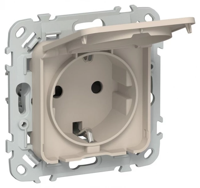 Розетка СП FLITE РСшкр11-1-44-ФлЛ 16А IP44 с заземл. с защ. шторками и крышкой безвинтовое крепление механизм льняной IEK FI-R16-16-1-44-K88 ТехноИмпульс