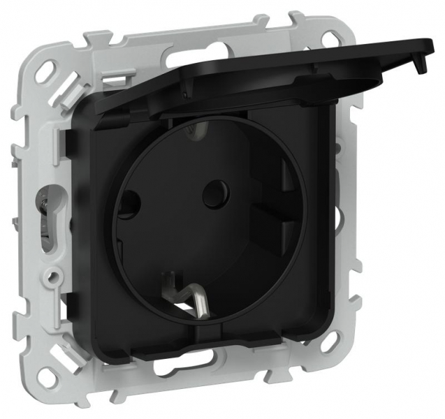 Розетка СП FLITE РСшкр11-1-44-ФлЧ 16А IP44 с заземл. с защ. шторками и крышкой безвинтовое крепление механизм черн. IEK FI-R16-16-1-44-K02 ТехноИмпульс