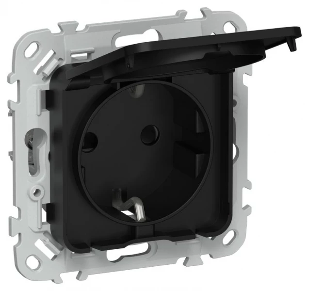 Розетка СП FLITE РСшкр11-1-44-ФлЧ 16А IP44 с заземл. с защ. шторками и крышкой безвинтовое крепление механизм черн. IEK FI-R16-16-1-44-K02 ТехноИмпульс