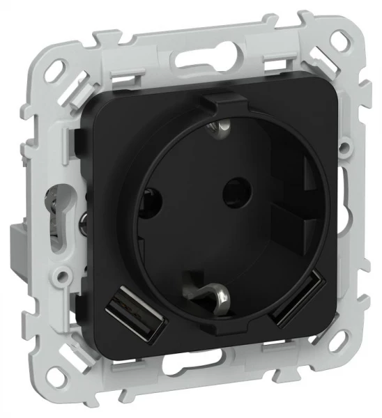 Розетка 1-м СП FLITE РСЮша11-1-ФлЧ 16А с USB A+A 3.1А с заземл. с защ. шторками безвинтовое крепление механизм черн. IEK FI-R14-16-1-U21-D31-K02 ТехноИмпульс