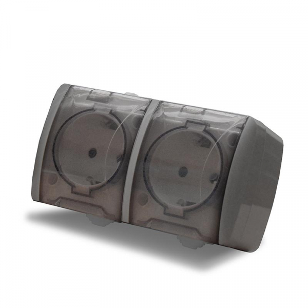 Розетка 2-м ОП Клио 16А IP54 с заземл. с прозр. крышкой сер. UNIVersal К2232-Gr ТехноИмпульс