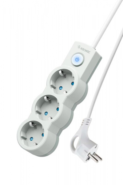 Удлинитель 3х5м с заземл. 10А IP20 2200Вт 220В защ. шторки ПВС 3х1 с выкл. бел. КОСМОС YKsm5m-3g-Z-V10A-W ТехноИмпульс