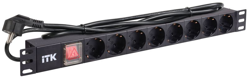 Блок розеток 8 мест PDU (немец. станд.) DIN49440 PH12-8D1 с LED выкл. алюм. профиль1U шнур 2м ITK PH12-8D1 ТехноИмпульс