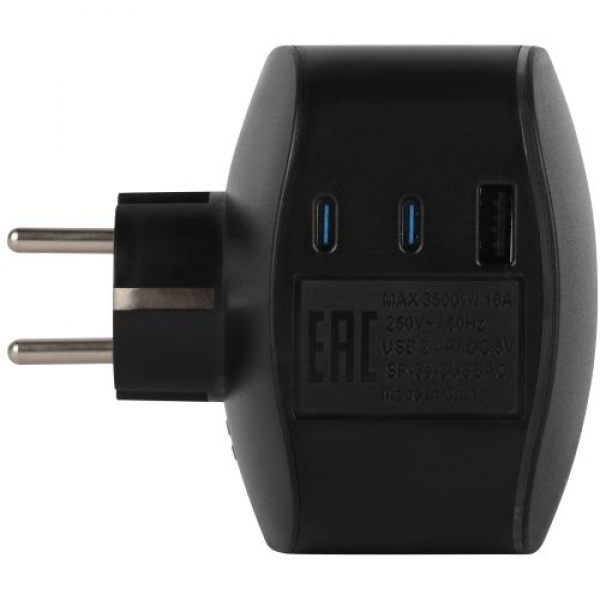 Разветвитель 3-м SP-3e-3USBAC-B + 3 USB A+C с заземл. со шторками 16А чер. Эра Б0069082 ТехноИмпульс