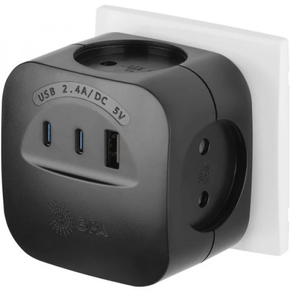 Разветвитель 4-м SP-4-3USBAC-B + 3 USB A+C со шторками 10А черн. Эра Б0069084 ТехноИмпульс