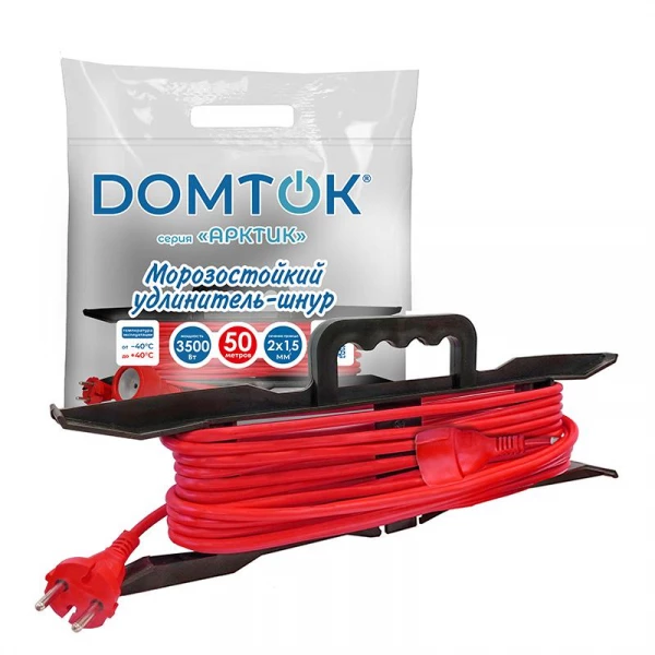 Удлинитель-шнур на рамке 1х50м без заземл. 16А IP44 3.5кВт КГ 2х1.5 АРКТИК морозостойкий DOMTOK 2598 ТехноИмпульс