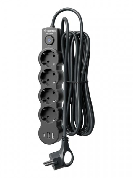 Удлинитель 3х3м с заземл. 10А IP20 USB 2500Вт 220В ПВС 3х1 с выкл. черн. КОСМОС YKsm3m4g-Z-VU10А-B ТехноИмпульс