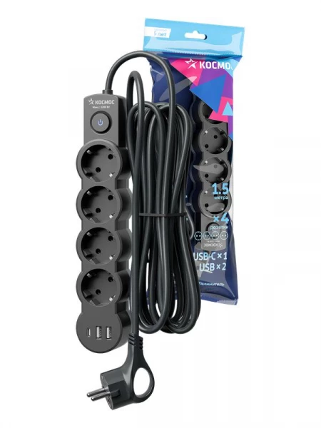 Удлинитель 3х1.5м с заземл. 10А IP20 USB 2500Вт 220В ПВС 3х1 с выкл. черн. КОСМОС YKsm1.5m4g-Z-VU10А-B ТехноИмпульс