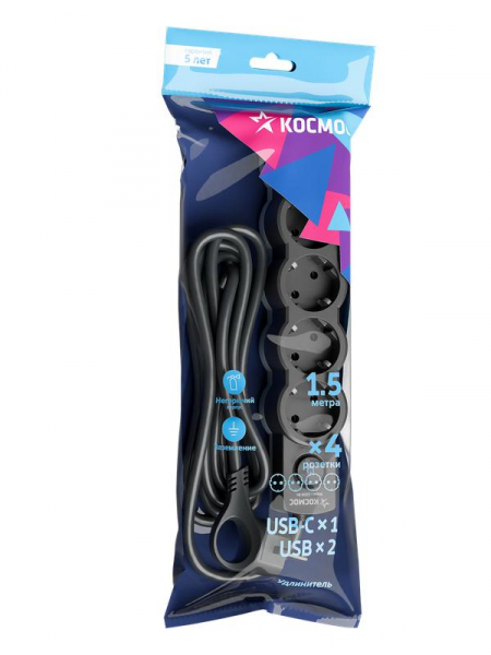 Удлинитель 3х1.5м с заземл. 10А IP20 USB 2500Вт 220В ПВС 3х1 с выкл. черн. КОСМОС YKsm1.5m4g-Z-VU10А-B ТехноИмпульс