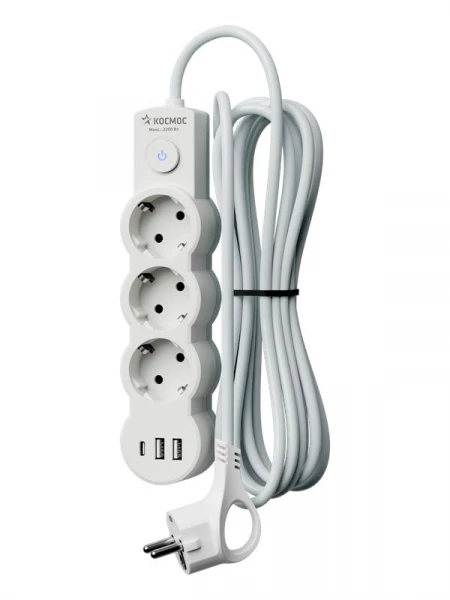 Удлинитель 3х3м с заземл. 10А IP20 USB 2800Вт 220В ПВС 3х1 с выкл. бел. КОСМОС YKsm3m3g-Z-VU10А-W ТехноИмпульс