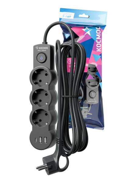 Удлинитель 3х5м с заземл. 10А IP20 USB 2800Вт 220В ПВС 3х1 с выкл. черн. КОСМОС YKsm5m3g-Z-VU10А-B ТехноИмпульс