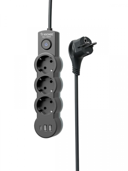 Удлинитель 3х5м с заземл. 10А IP20 USB 2800Вт 220В ПВС 3х1 с выкл. черн. КОСМОС YKsm5m3g-Z-VU10А-B ТехноИмпульс