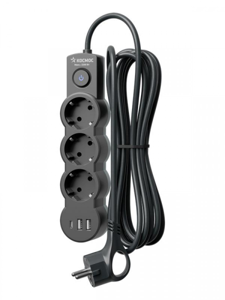 Удлинитель 3х3м с заземл. 10А IP20 USB 2800Вт 220В ПВС 3х1 с выкл. черн. КОСМОС YKsm3m3g-Z-VU10А-B ТехноИмпульс