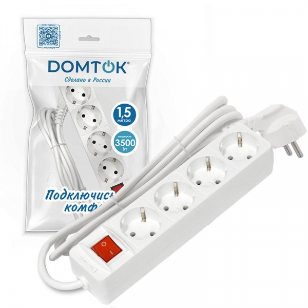 Удлинитель 4х1.5м с заземл. 16А IP20 3х1 с выкл. бел. DOMTOK 2374 ТехноИмпульс