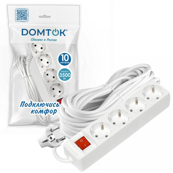 Удлинитель 4х10м с заземл. 16А IP20 3х1 с выкл. бел. DOMTOK 2405 ТехноИмпульс