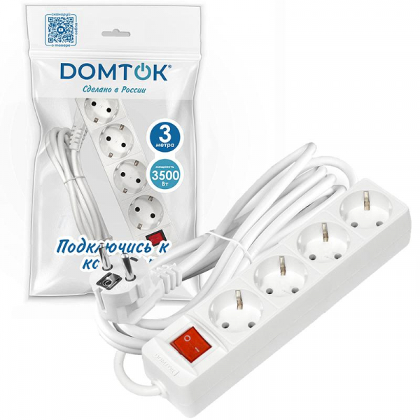 Удлинитель 4х3х16А IP20 3х1 с выкл. бел. DOMTOK 2499 ТехноИмпульс