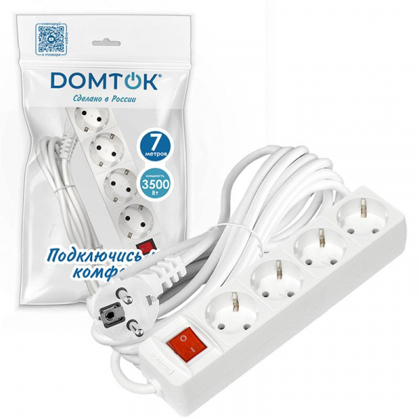 Удлинитель 4х7м с заземл. 16А IP20 3х1 с выкл. бел. DOMTOK 2501 ТехноИмпульс