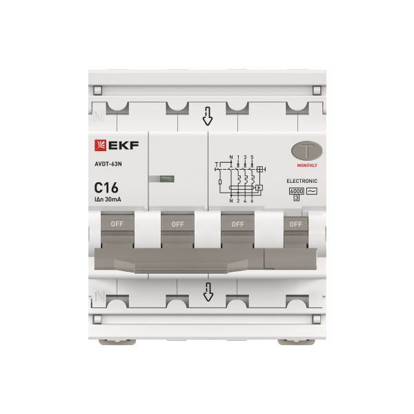 Выключатель автоматический дифференциального тока 4п (3P+N) C 16А 30мА тип AC 6кА АВДТ-63N электронный PROxima EKF D63N46E16C30 ТехноИмпульс