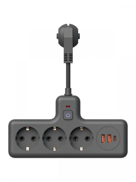 Удлинитель с сетевым фильтром 3х0.3м 10А 2USB + 1USBC 2500Вт ПВС 3х1 компакт черн. КОСМОС FRKsm0.3m-3g(B)USB ТехноИмпульс