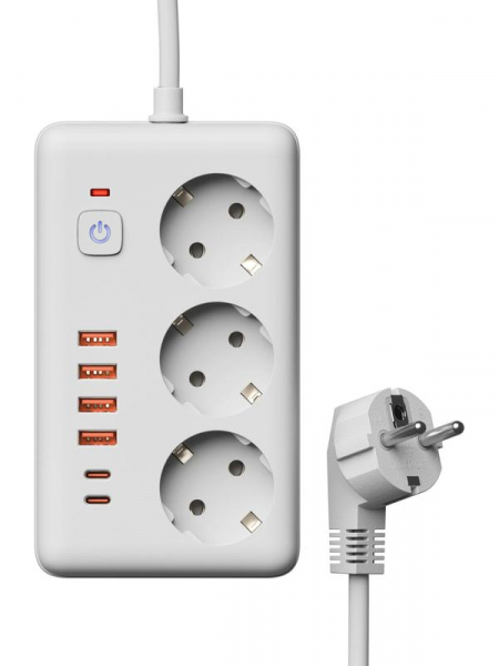 Удлинитель с сетевым фильтром 3х5м 10А 4USB + 2USBC 2500Вт ПВС 3х1 прямоуг. бел. КОСМОС FKsmPR-5m-3g(W)USB ТехноИмпульс