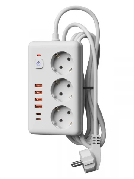 Удлинитель с сетевым фильтром 3х1.5м 10А 4USB + 2USBC 2500Вт ПВС 3х1 прямоуг. бел. КОСМОС FKsm1.5m-3gPF(W)USB ТехноИмпульс