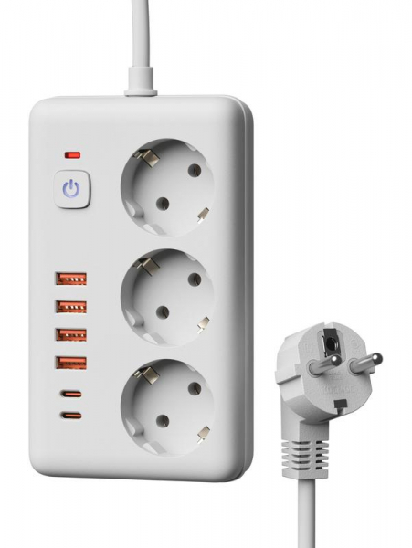 Удлинитель с сетевым фильтром 3х1.5м 10А 4USB + 2USBC 2500Вт ПВС 3х1 прямоуг. бел. КОСМОС FKsm1.5m-3gPF(W)USB ТехноИмпульс