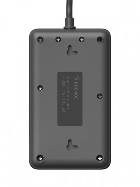 Удлинитель с сетевым фильтром 3х5м 10А 4USB + 2USBC 2500Вт ПВС 3х1 прямоуг. черн. КОСМОС FKsmPR-5m-3g(B)USB ТехноИмпульс