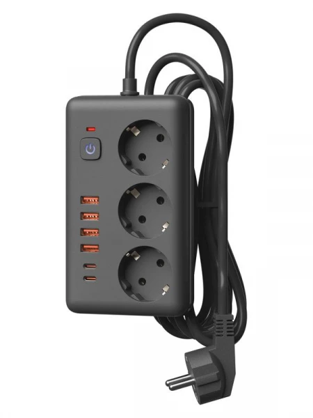 Удлинитель с сетевым фильтром 3х3м 10А 4USB + 2USBC 2500Вт ПВС 3х1 прямоуг. черн. КОСМОС FKsm3m-3gPF(B)USB ТехноИмпульс