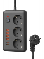 Удлинитель с сетевым фильтром 3х3м 10А 4USB + 2USBC 2500Вт ПВС 3х1 прямоуг. черн. КОСМОС FKsm3m-3gPF(B)USB ТехноИмпульс