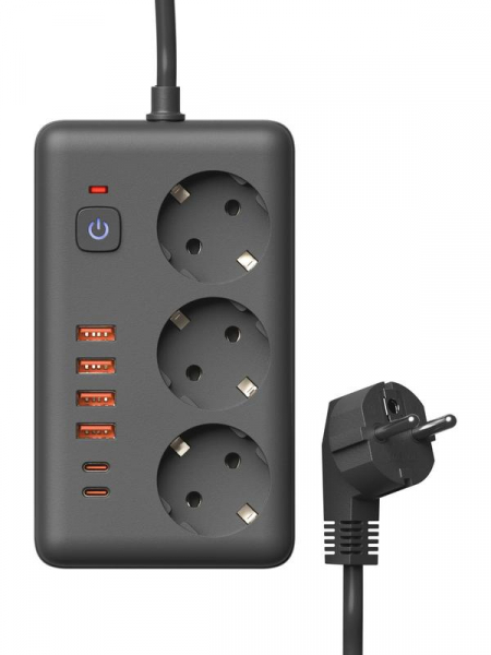 Удлинитель с сетевым фильтром 3х3м 10А 4USB + 2USBC 2500Вт ПВС 3х1 прямоуг. черн. КОСМОС FKsm3m-3gPF(B)USB ТехноИмпульс