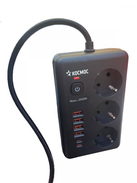 Удлинитель с сетевым фильтром 3х1.5м 10А 4USB + 2USBC 2500Вт ПВС 3х1 прямоуг. черн. КОСМОС FKsm1.5m-3gPF(B)USB ТехноИмпульс